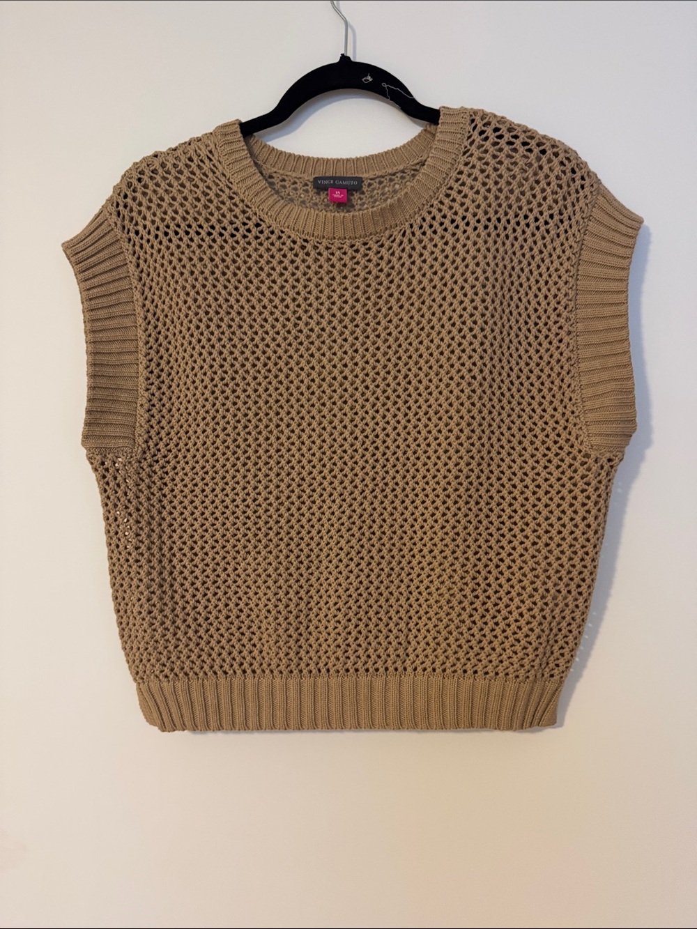 Vince Camuto Open-Weave Sleeveless Crew Neck Sweater in Tan